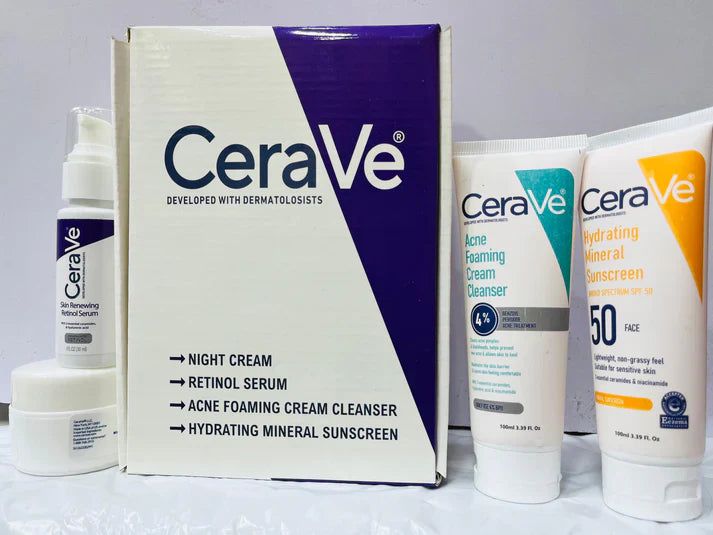 Cerave 4 In 1 Skincare Kit Night Cream, Sunblock, Cleanser & Serum For Radiant Skin